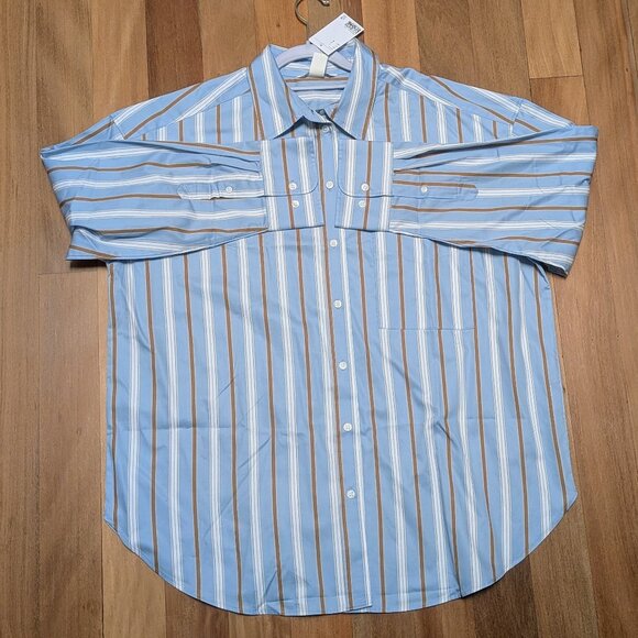 H&M Linen-Cotton Size L Men's Button Down Striped Blue Brown - Picture 2 of 6